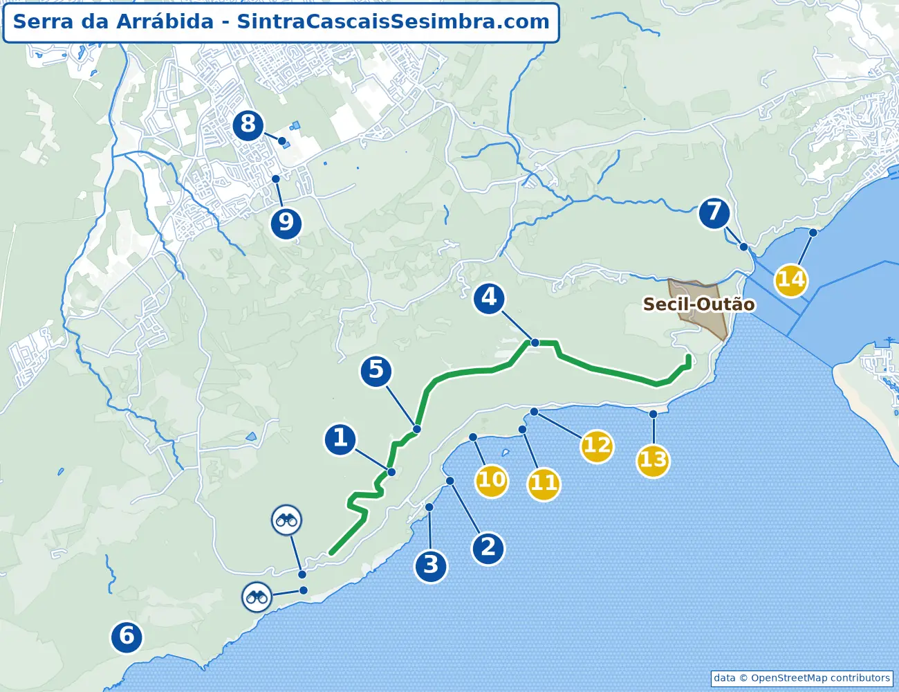 Map of the Serra da Arrábida: the Convento da Arrábida, the viewpoints, the Estrada de Escarpa mountain road, the Azeitão wineries and the beaches