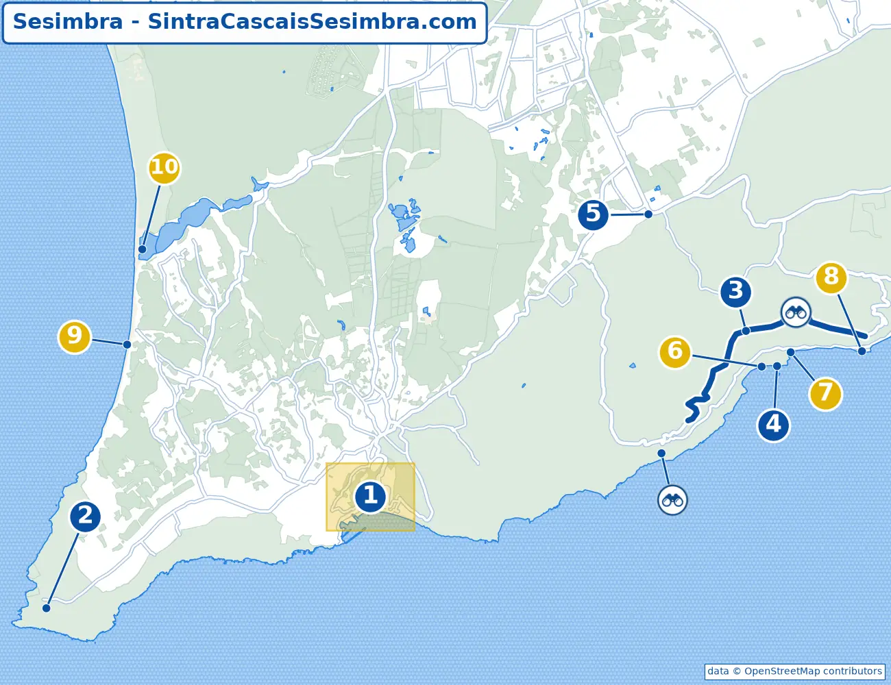 Map of the Sesimbra region: Cabo Espichel, the Estrada de Escarpa, Portinho da Arrábida, Azeitão and the beaches