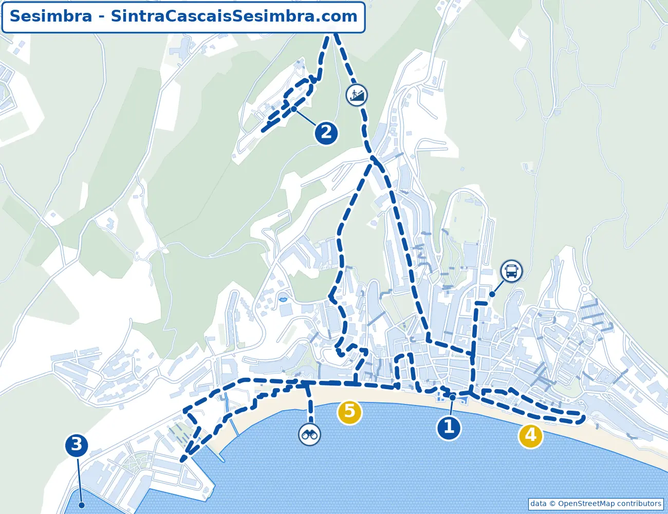 Map of Sesimbra: the Forte de Santiago, the castle, the fishing harbour and the town beaches