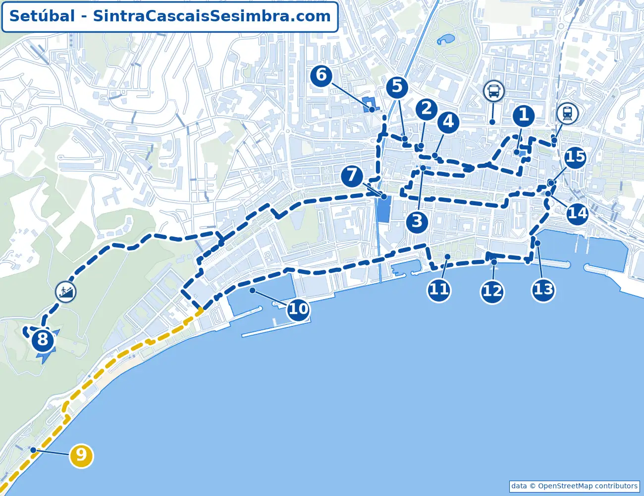 Mappa di un itinerario a piedi a Setúbal: il centro storico, il Mercado do Livramento, il Forte de São Filipe e il porto peschereccio